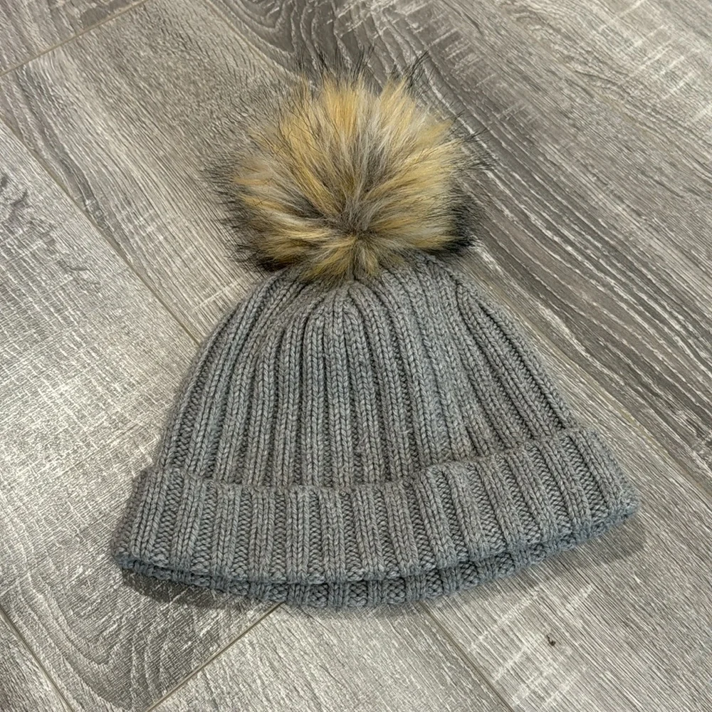 J. Crew Wool Blend Fold Over Beanie with Faux‎ Fur Pom Pom - Gray Knit